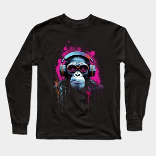 Colorful Chimpanzee 2D Ink and Paint Splashes - Street Art Graffiti Style Print Long Sleeve T-Shirt